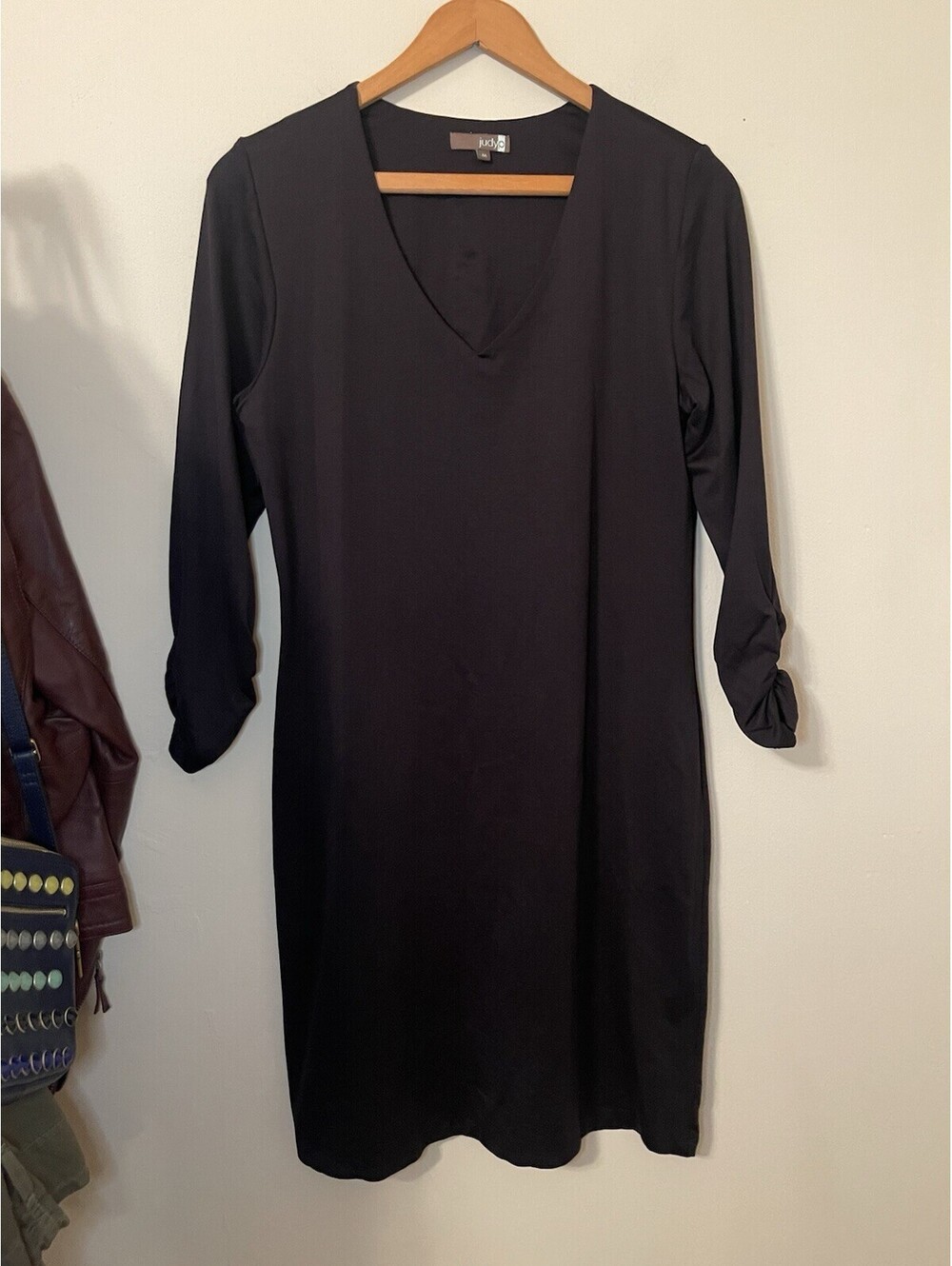 Judy P JudyP Black V-Neck Shift Dress Ruched Long Sleeve Microfiber Medium M